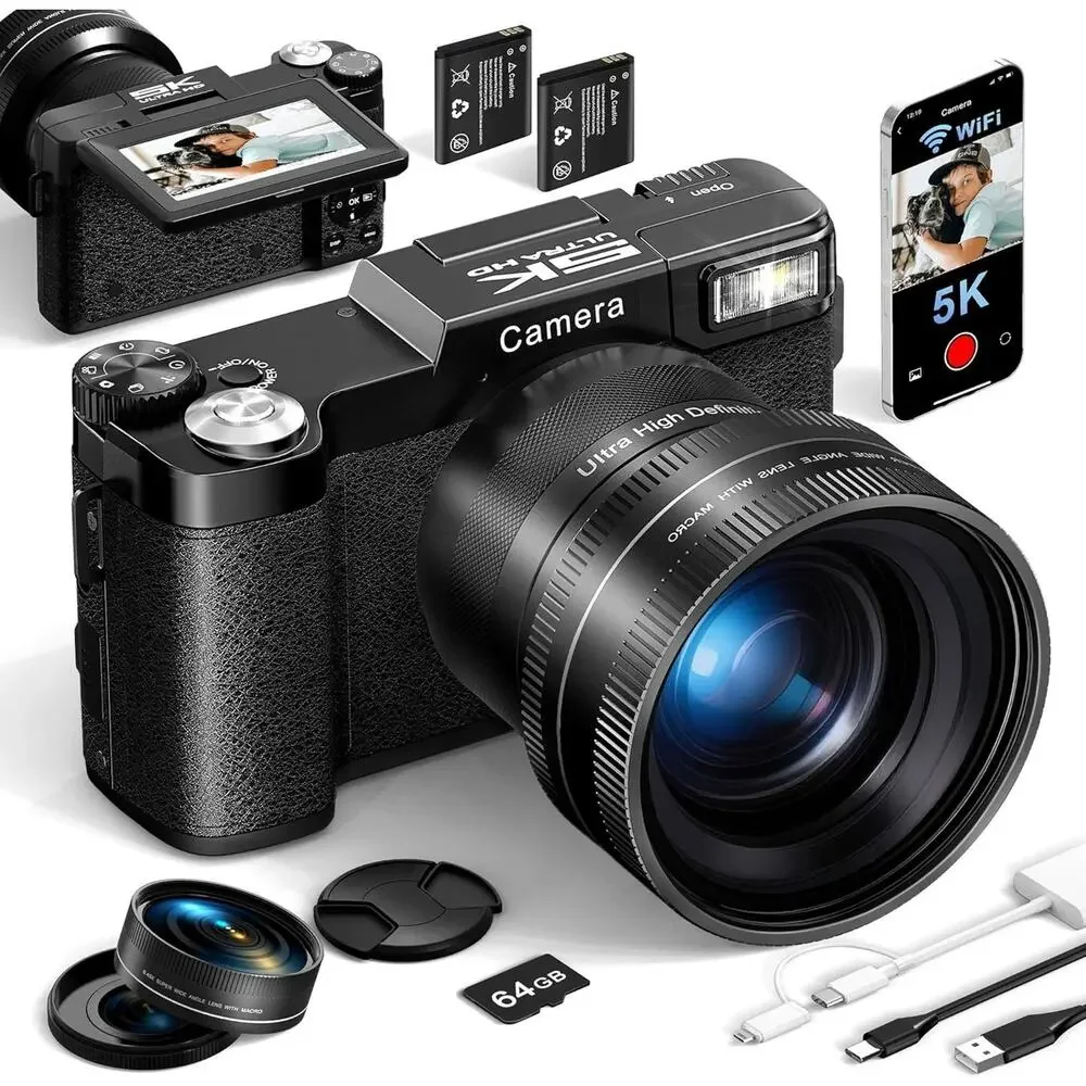 Digital Camera, 5K 64MP Cameras for Photography with WiFi, 64GB Card & Autofocus